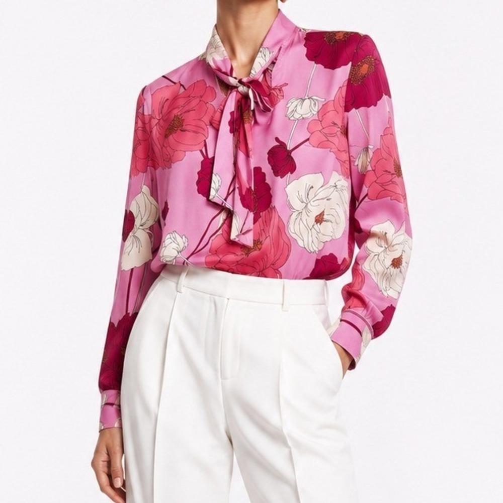 Express Conscious Edit Officecore Pink Floral Tie Neck Blouse Long Sleeve XS NEW